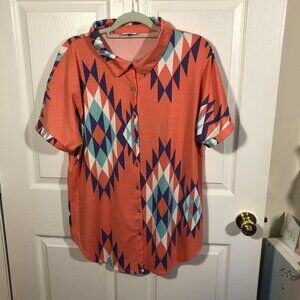 Lularoe women orange with geometric print button up shirt, L